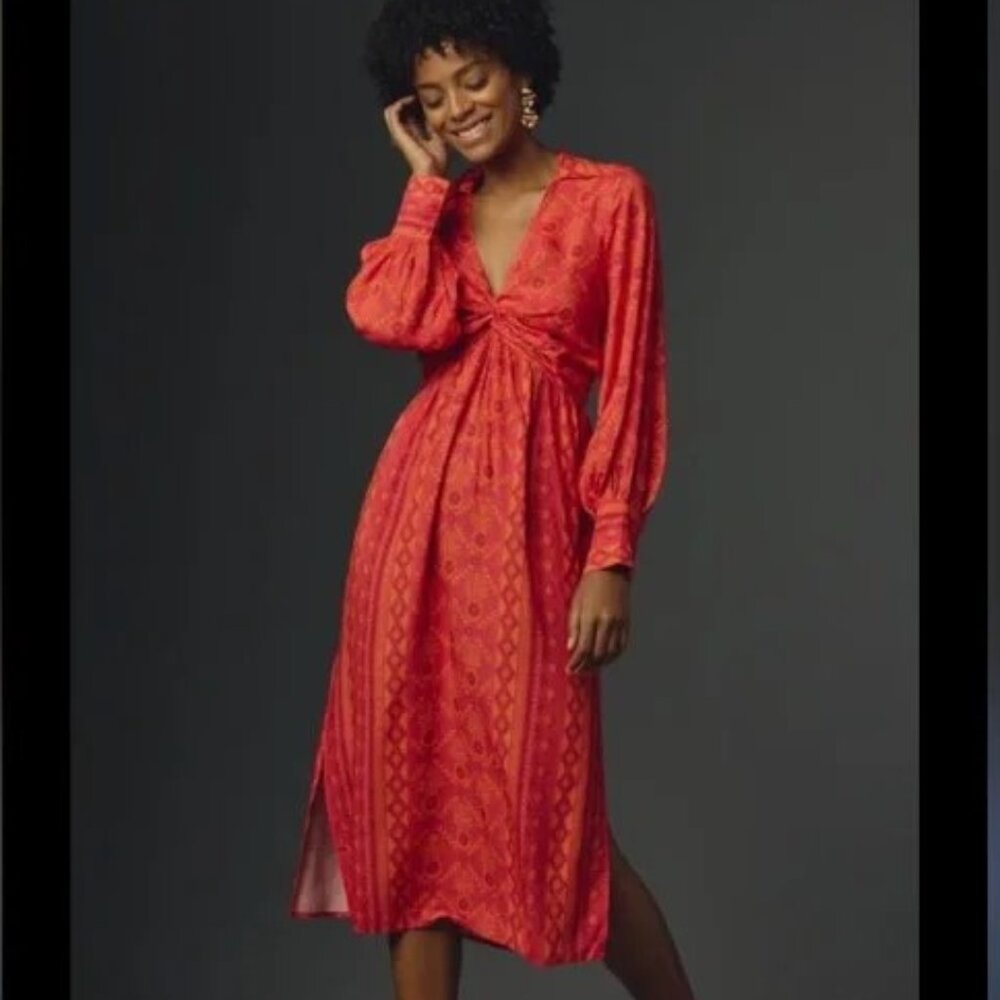 Farm Rio Long-Sleeve V-Neck Printed Tie-Front Midi Dress